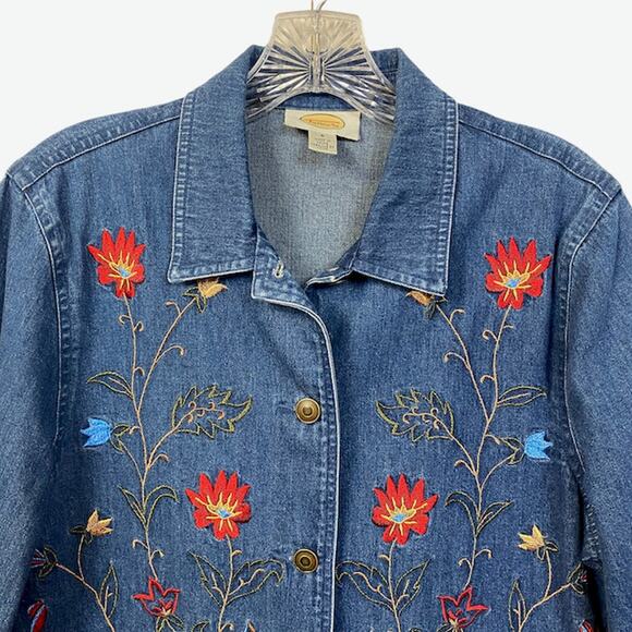 TALBOTS Sz 8 Embroidered Denim Shirt Jacket Boho Floral Jean Metal Buttons - Picture 6 of 9